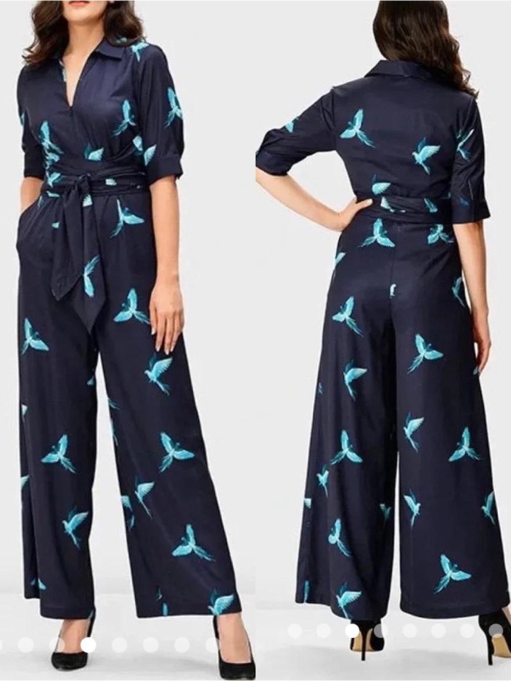 Eshakti Wayward Fancies Wide Leg Collared Jumpsuit Novelty Bird Print Belted